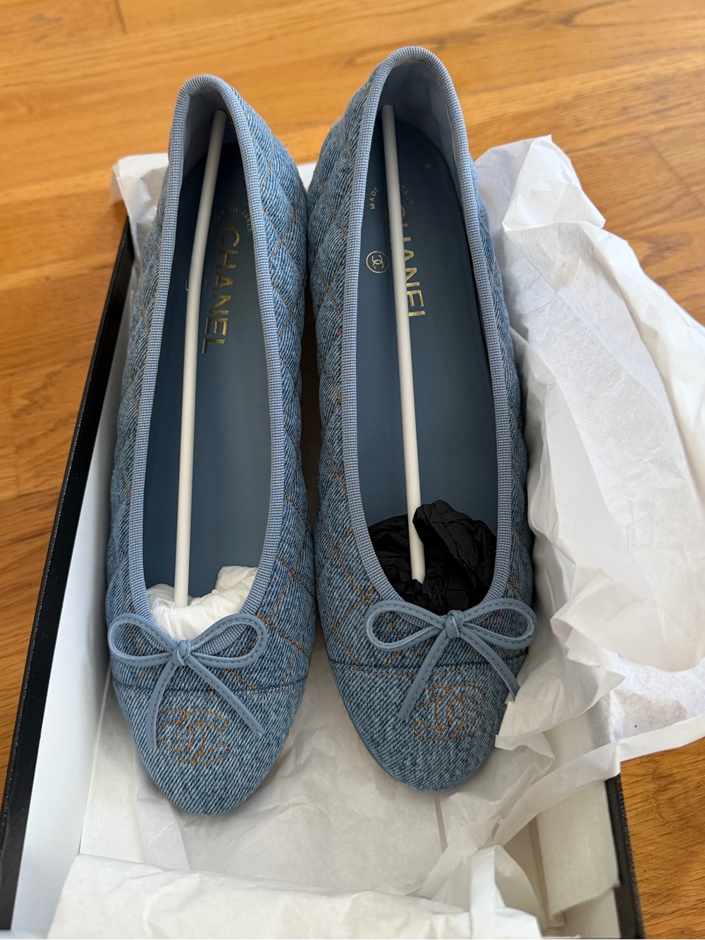 Chanel Light Blue Quilted Denim Ballet Flats 41